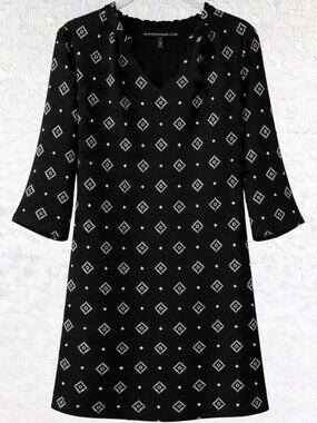 White House Black Market Lined Black V-Neck Dress w/ White Diamond Print Size 10